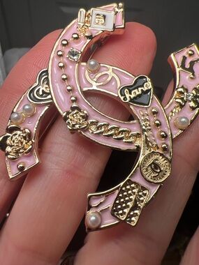 Pink Gold-Tone Fashion Logo Brooch with Pearl Accents